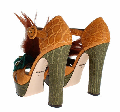 Dolce & Gabbana Orange Leder Kristall Plateau Sandale Schuhe