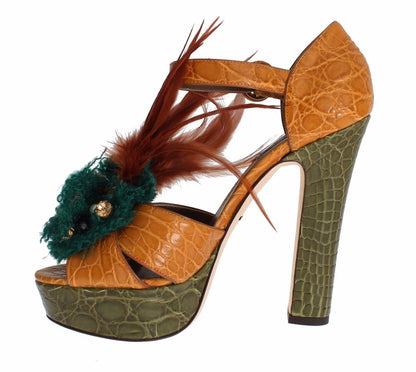 Dolce & Gabbana Orange Leder Kristall Plateau Sandale Schuhe