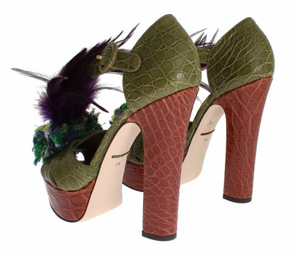 Dolce & Gabbana Grüne Leder Kristall Plateau Sandale Schuhe