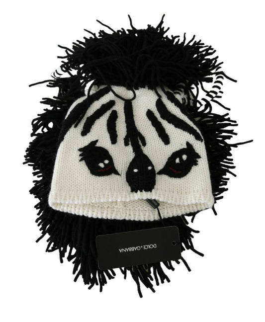 Dolce & Gabbana Schwarz-weiße Kaschmirmix-Beanie mit Tiermotiv