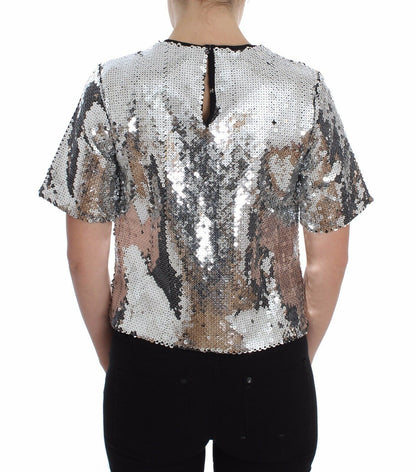 Dolce & Gabbana Silberne paillettenbesetzte Bluse mit Rundhalsausschnitt T-shirt Top
