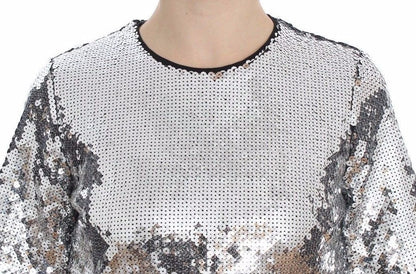 Dolce & Gabbana Silberne paillettenbesetzte Bluse mit Rundhalsausschnitt T-shirt Top