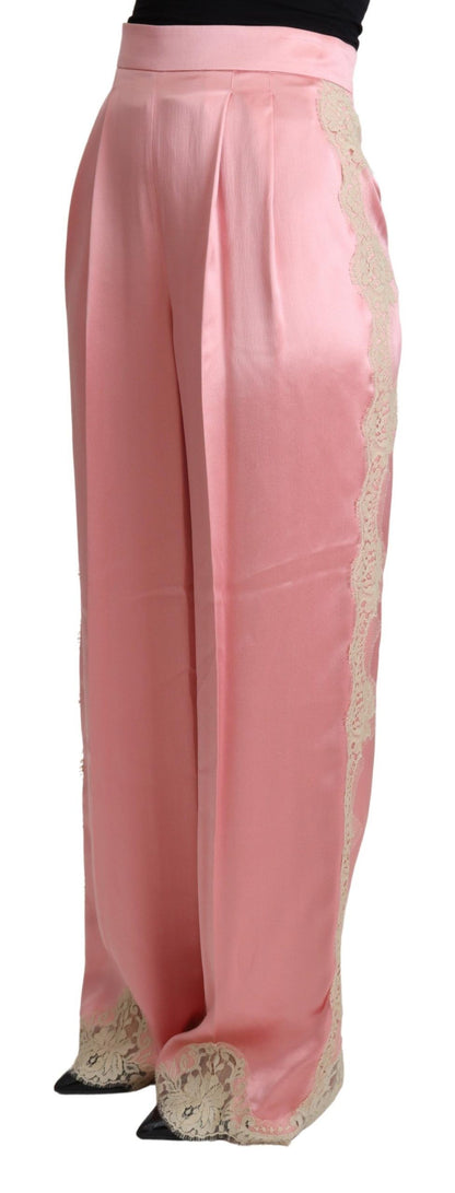 Dolce & Gabbana Rosa Hose mit Spitzenbesatz aus Seidensatin und weiten Beinen