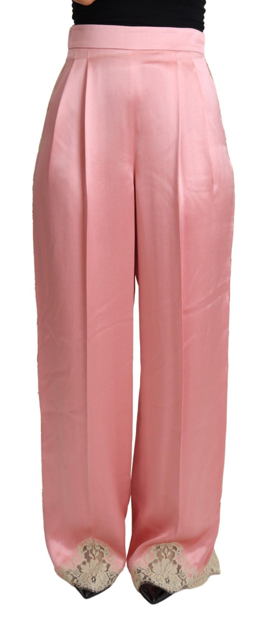 Dolce & Gabbana Rosa Hose mit Spitzenbesatz aus Seidensatin und weiten Beinen