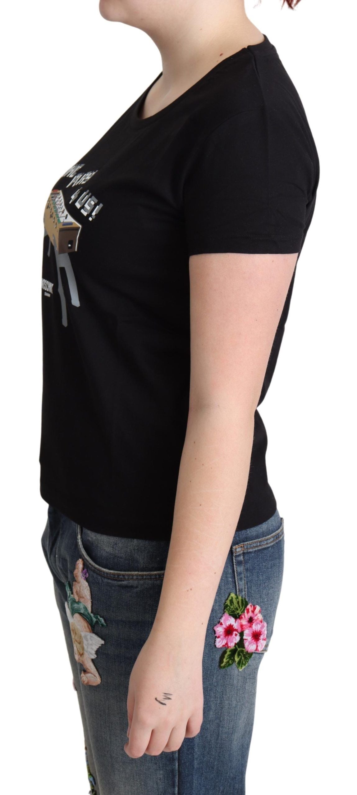 Moschino Schwarzes Baumwoll-T-Shirt Come Play 4 Us Print Tops