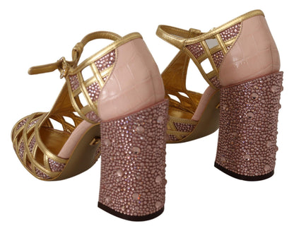 Dolce & Gabbana Rosa Gold Leder Kristall Pumps T-Riemen Schuhe