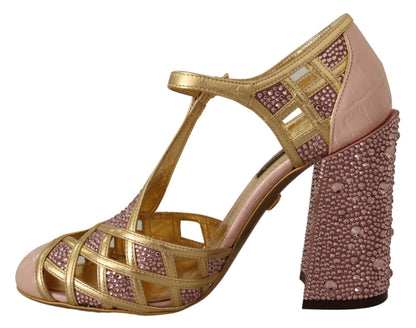 Dolce & Gabbana Rosa Gold Leder Kristall Pumps T-Riemen Schuhe