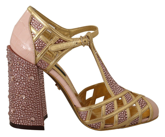 Dolce & Gabbana Rosa Gold Leder Kristall Pumps T-Riemen Schuhe