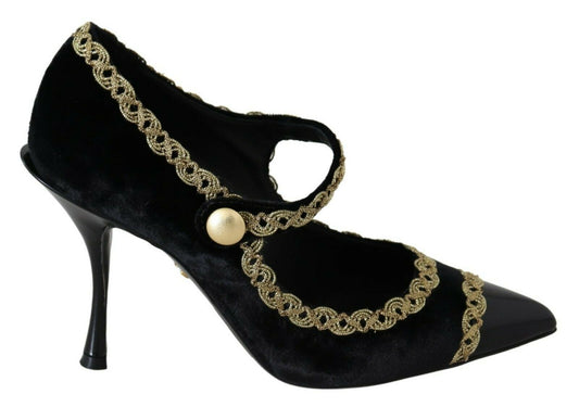 Dolce & Gabbana Schwarz verschönert Samt Mary Jane Pumps Schuhe