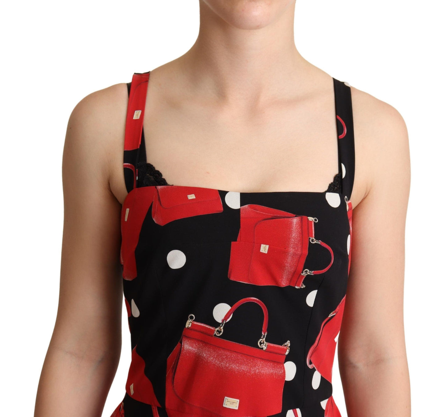 Dolce & Gabbana Schwarzer roter Taschenaufdruck A-Linien-Kleid in mittlerer Länge
