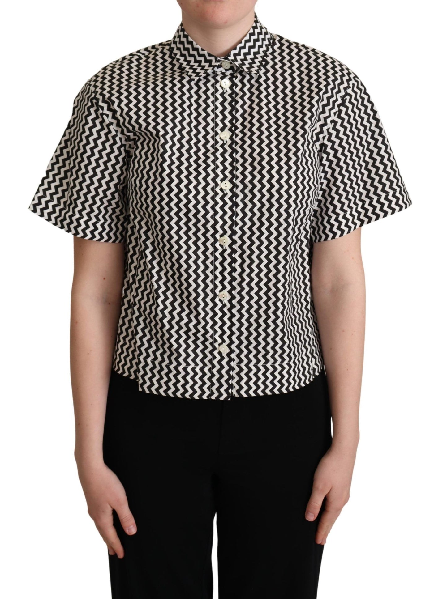 Dolce & Gabbana Schwarz Weiß Zickzack Kragen Baumwolle Top Shirt