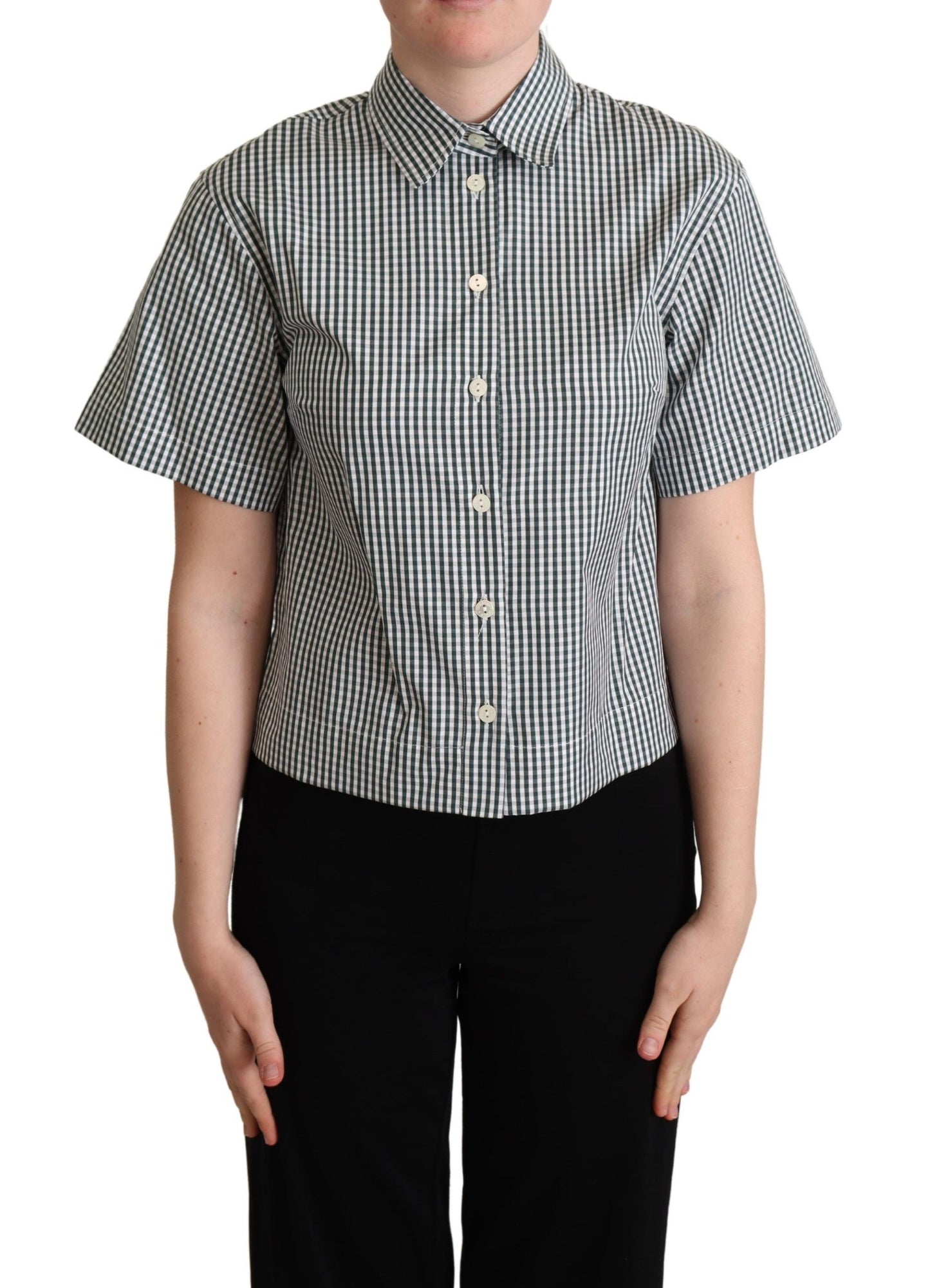 Dolce & Gabbana Weißes grünes Baumwollkarohemd Bluse Oberteil
