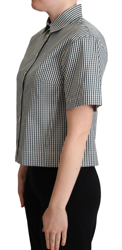 Dolce & Gabbana Weißes grünes Baumwollkarohemd Bluse Oberteil