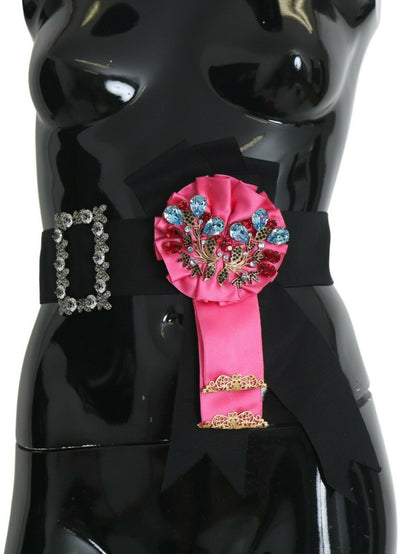 Dolce & Gabbana Schwarz Rosa Blume Brosche Kristalle Baumwollgürtel