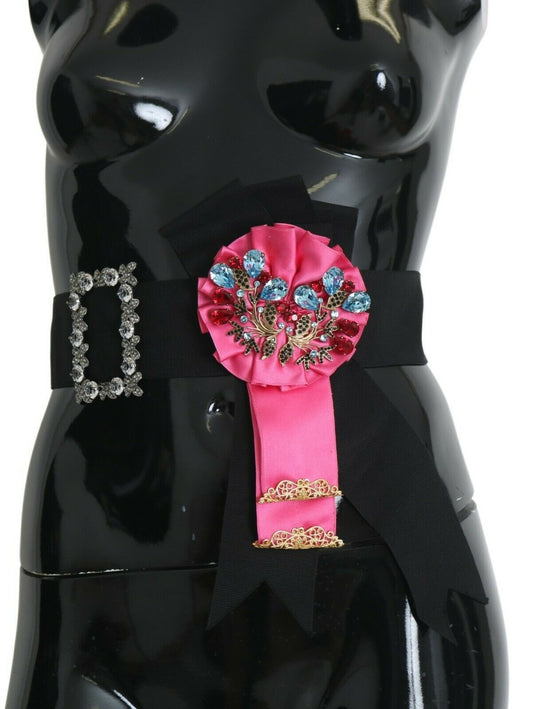 Dolce & Gabbana Schwarz Rosa Blume Brosche Kristalle Baumwollgürtel