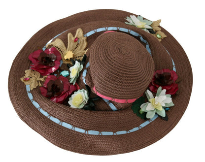 Dolce & Gabbana Brauner gestrickter Strohhut mit Blumen