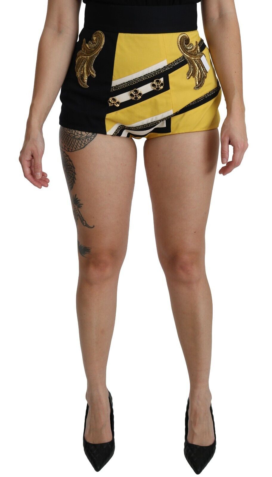 Dolce & Gabbana Gelb Schwarz Baumwolle Juwelen Hot Pants Shorts