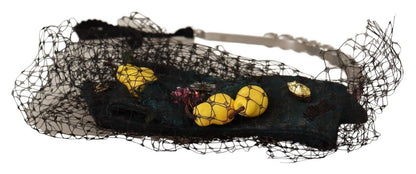 Dolce & Gabbana Silber Tiara Kristalle Früchte Schwarz Mesh Diadem Stirnband