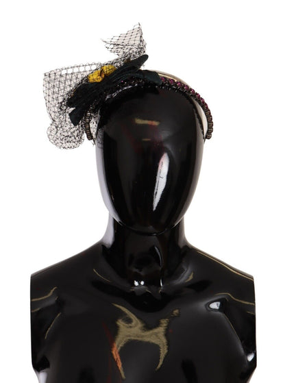 Dolce & Gabbana Silber Tiara Kristalle Früchte Schwarz Mesh Diadem Stirnband