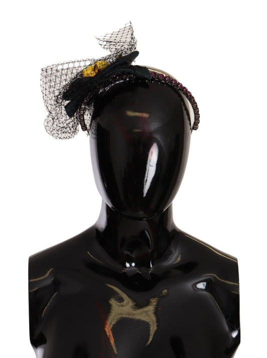 Dolce & Gabbana Silber Tiara Kristalle Früchte Schwarz Mesh Diadem Stirnband