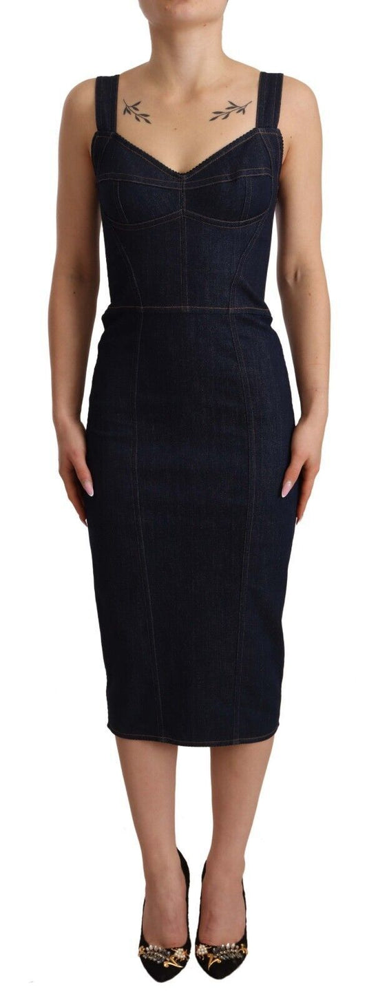 Dolce & Gabbana Dunkelblaues Etui-Midi-Kleid aus Baumwoll-Denim