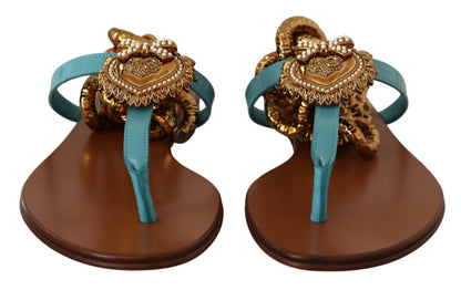 Dolce & Gabbana Blaue Leder Devotion Flats Sandalen