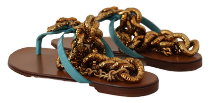 Dolce & Gabbana Blaue Leder Devotion Flats Sandalen