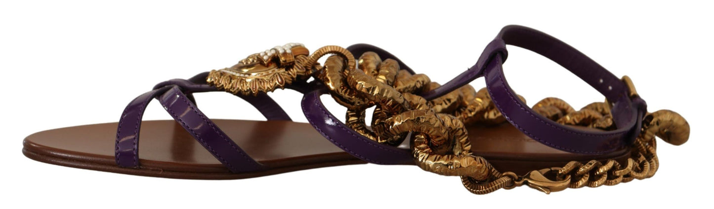Dolce & Gabbana Lila Leder Devotion Flats Sandalen Schuhe