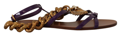 Dolce & Gabbana Lila Leder Devotion Flats Sandalen Schuhe