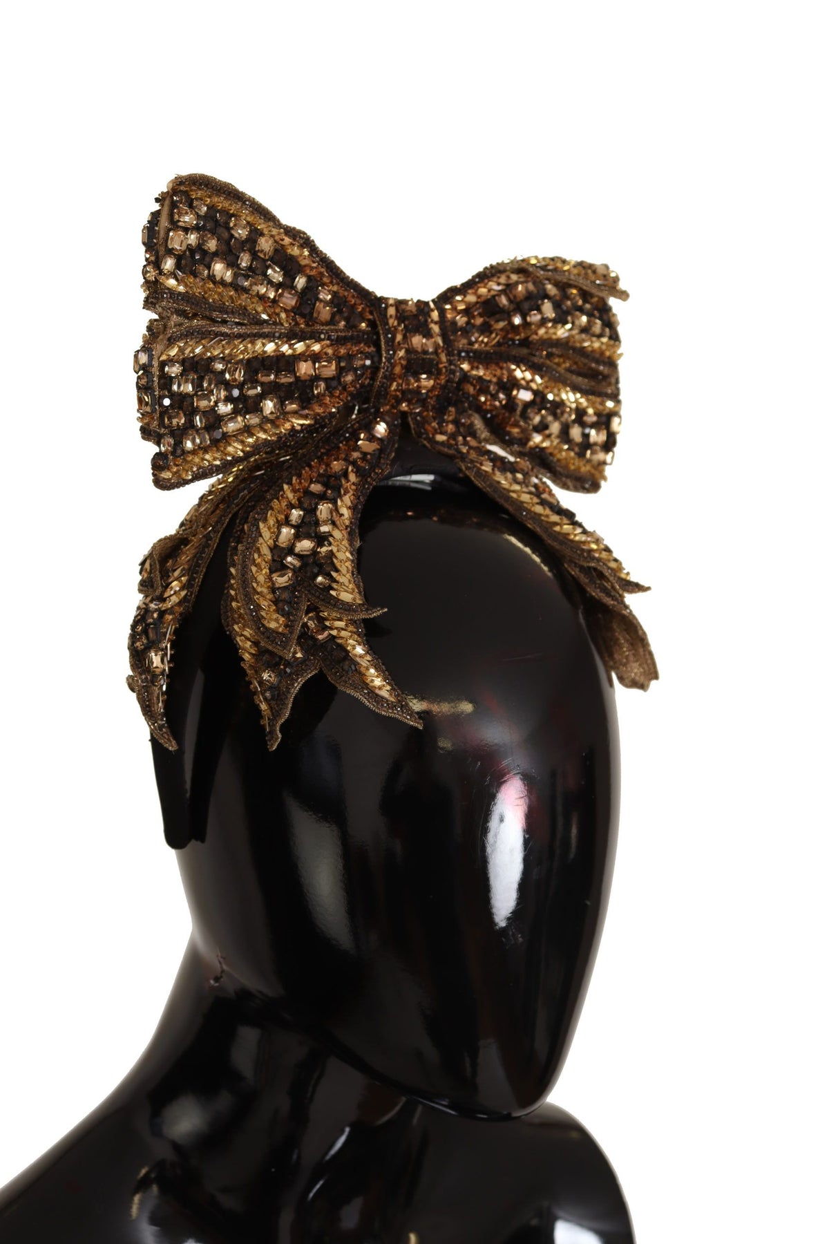 Dolce & Gabbana Gold and Black Silk Headband with Crystal Bow