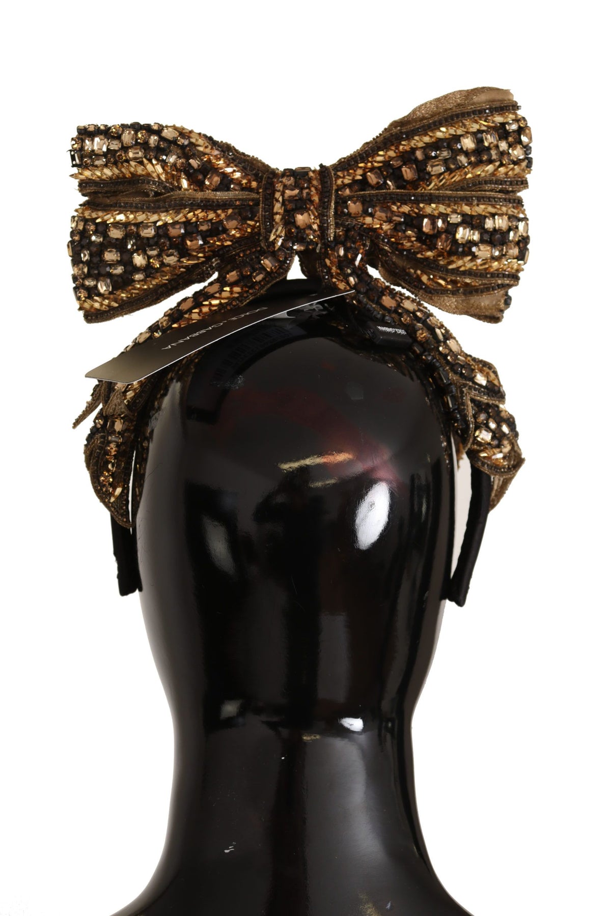 Dolce & Gabbana Gold and Black Silk Headband with Crystal Bow