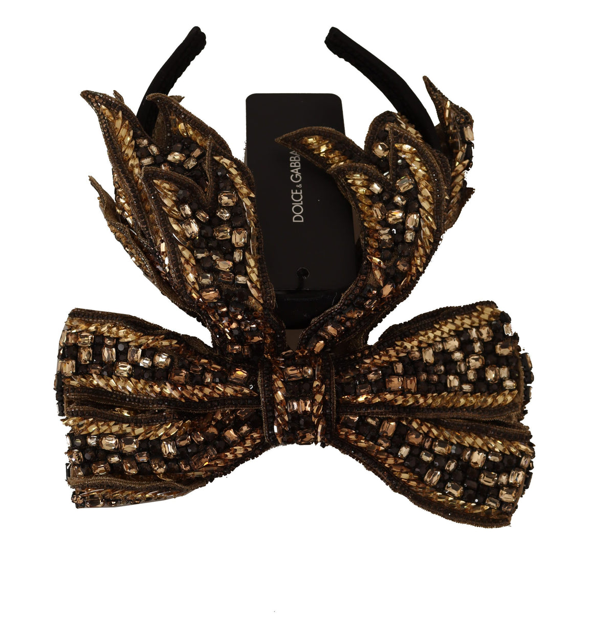 Dolce & Gabbana Gold and Black Silk Headband with Crystal Bow