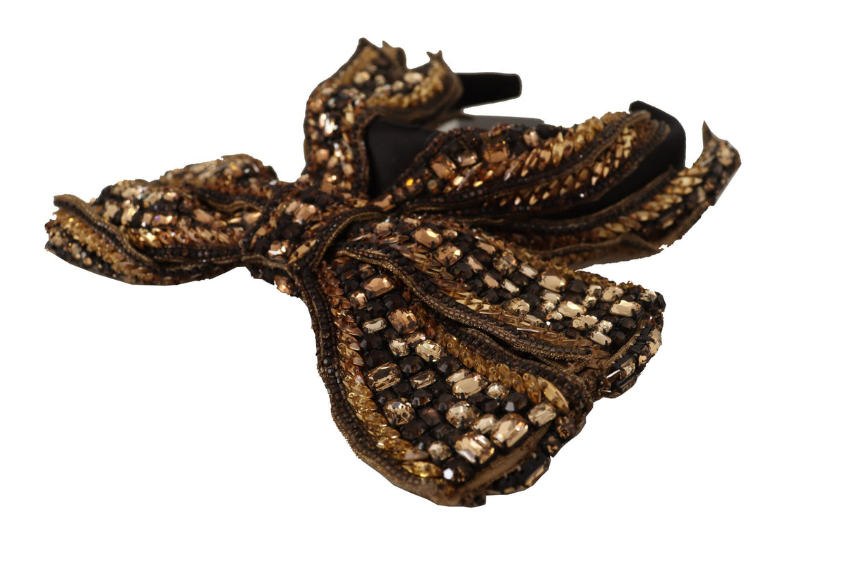 Dolce & Gabbana Gold and Black Silk Headband with Crystal Bow