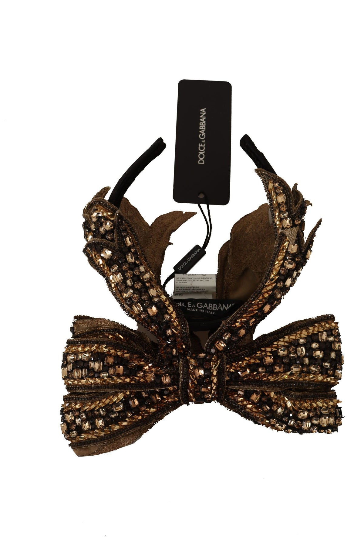 Dolce & Gabbana Gold and Black Silk Headband with Crystal Bow