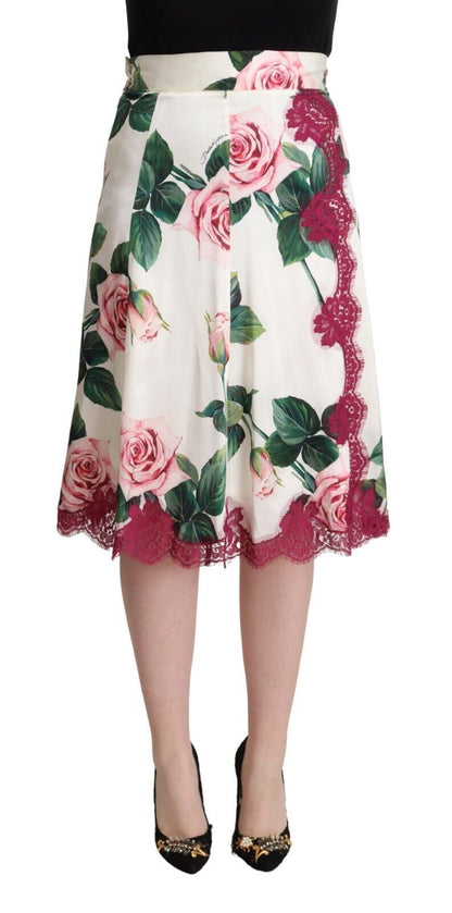 Dolce & Gabbana Weißer Rosenprint Midi-Rock mit hoher Taille und A-Linie