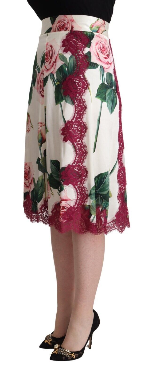 Dolce & Gabbana Weißer Rosenprint Midi-Rock mit hoher Taille und A-Linie