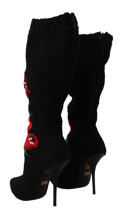 Dolce & Gabbana Schwarze Stretch-Socken Rote Rosen Booties Schuhe