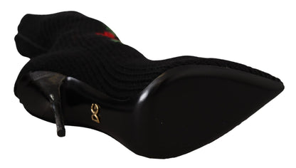 Dolce & Gabbana Schwarze Stretch-Socken Rote Rosen Booties Schuhe