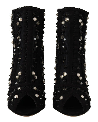Dolce & Gabbana Schwarz Kristalle Heels Reißverschluss Kurze Stiefel Schuhe