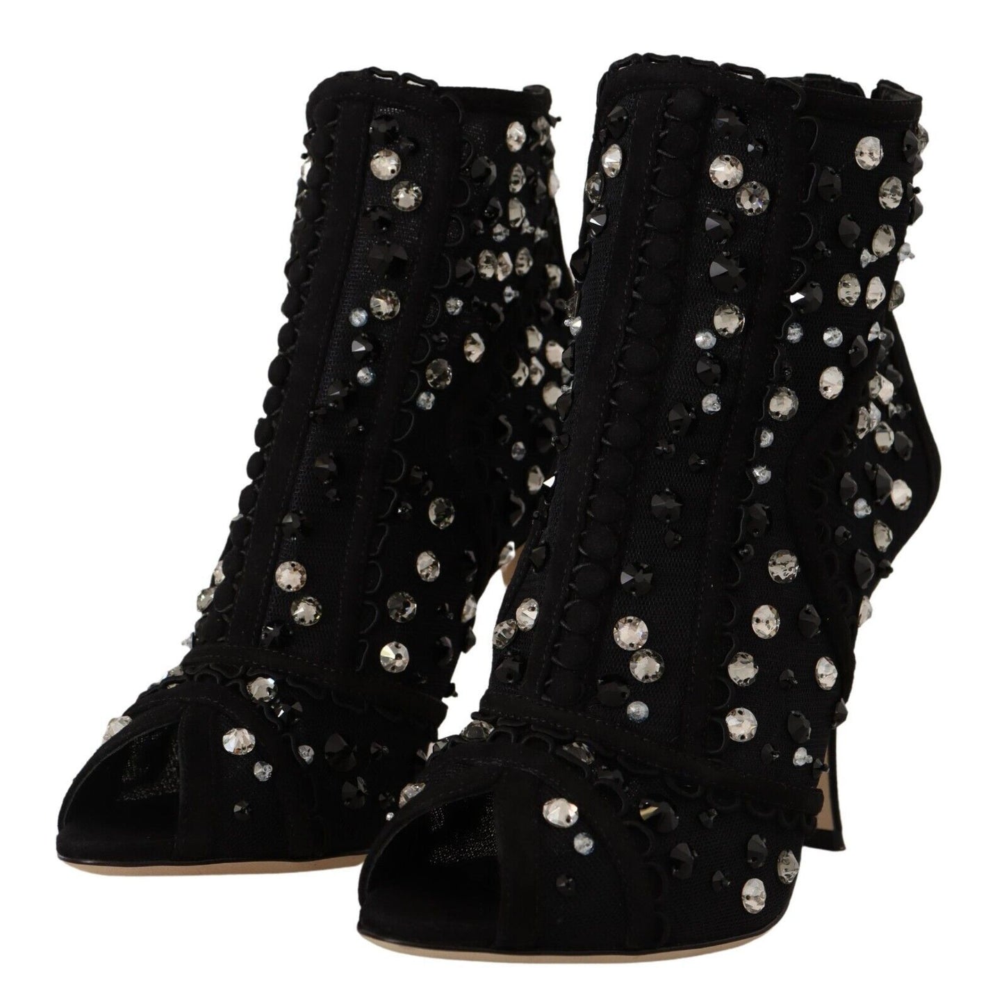 Dolce & Gabbana Schwarz Kristalle Heels Reißverschluss Kurze Stiefel Schuhe