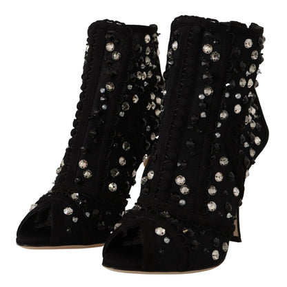 Dolce & Gabbana Schwarz Kristalle Heels Reißverschluss Kurze Stiefel Schuhe