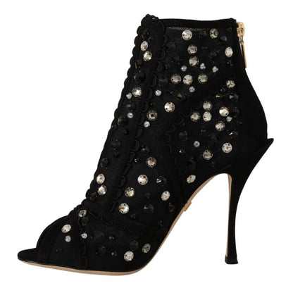 Dolce & Gabbana Schwarz Kristalle Heels Reißverschluss Kurze Stiefel Schuhe