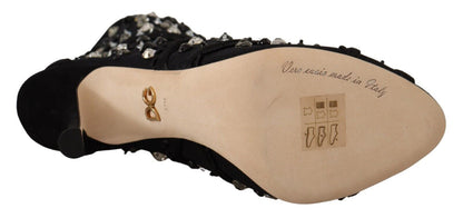 Dolce & Gabbana Schwarz Kristalle Heels Reißverschluss Kurze Stiefel Schuhe