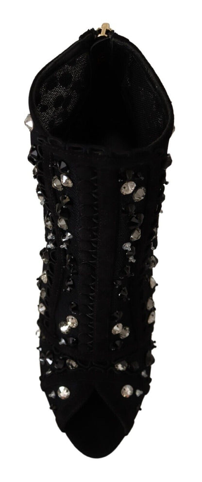 Dolce & Gabbana Schwarz Kristalle Heels Reißverschluss Kurze Stiefel Schuhe