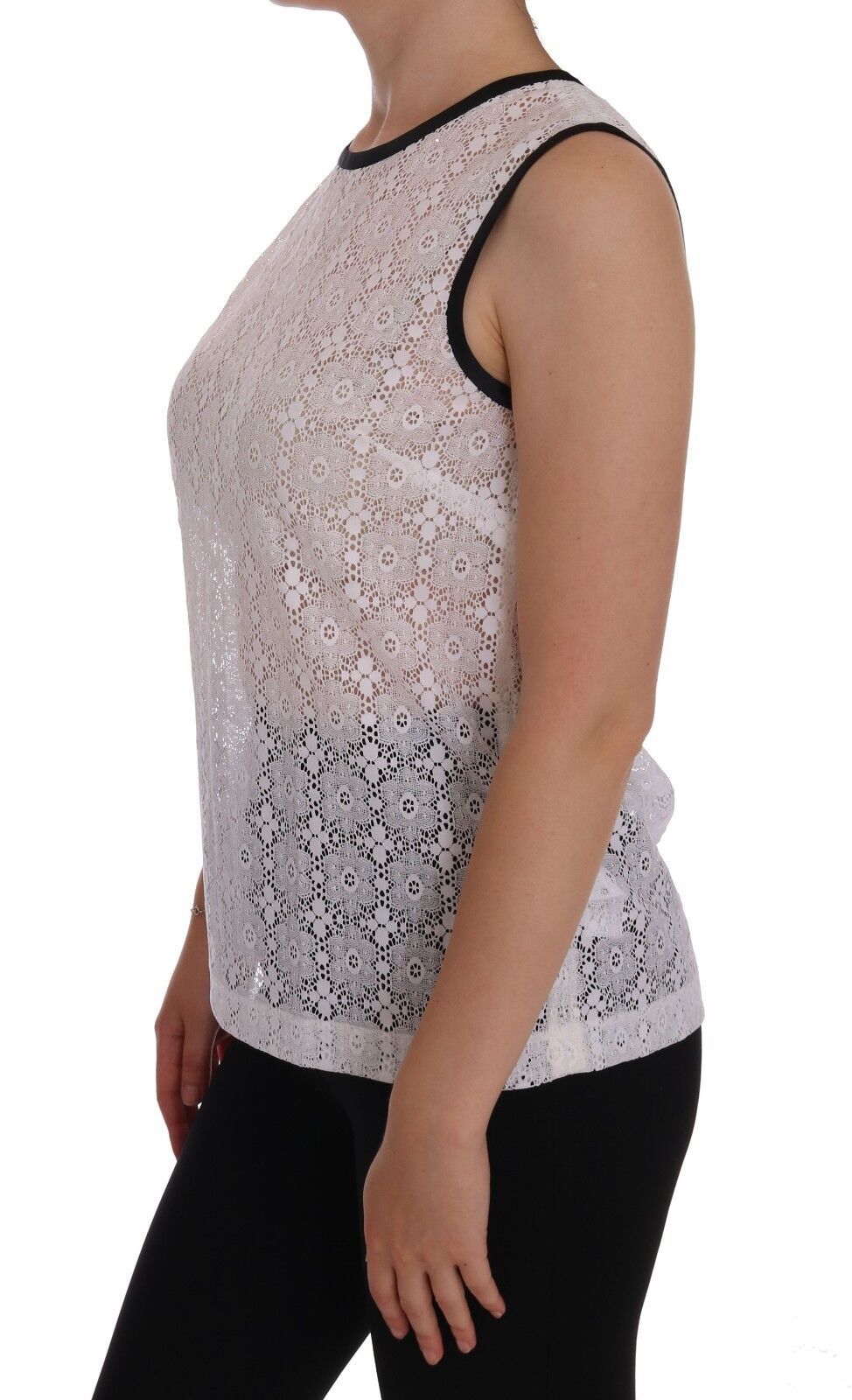 Dolce & Gabbana Weißes geblümtes Nylon-Tank-T-Shirt mit Spitze