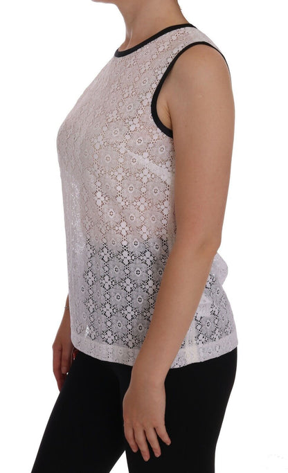 Dolce & Gabbana Weißes geblümtes Nylon-Tank-T-Shirt mit Spitze