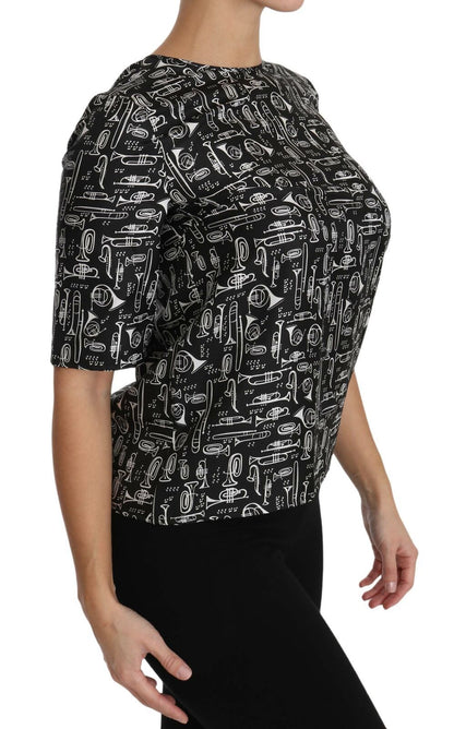 Dolce & Gabbana Schwarze Seidenbluse mit Musikinstrumenten-Druck