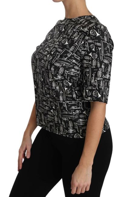Dolce & Gabbana Schwarze Seidenbluse mit Musikinstrumenten-Druck