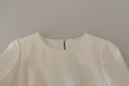 Dolce & Gabbana Weißes Jaquard Midi Kleid mit Blumenmuster und Brokatbesatz