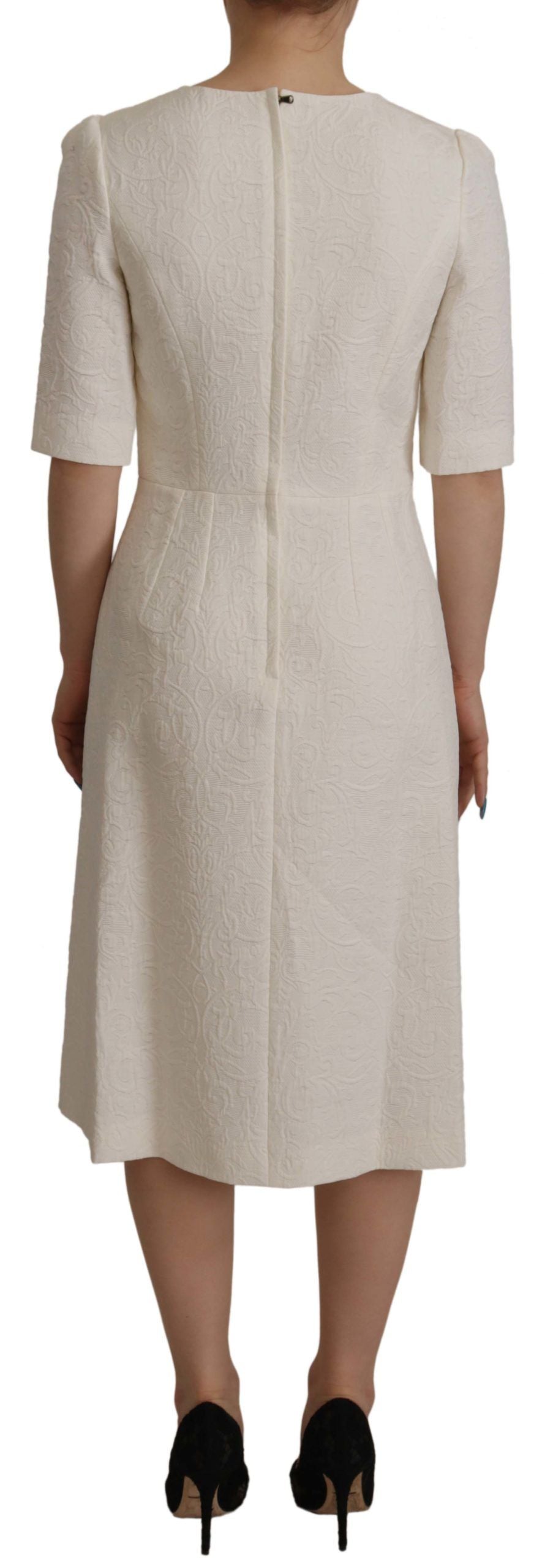 Dolce & Gabbana Weißes Jaquard Midi Kleid mit Blumenmuster und Brokatbesatz